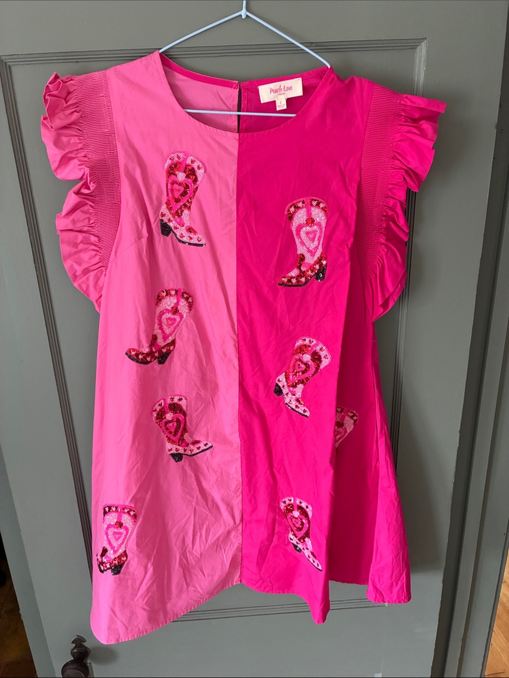Peach Love California Pink Two-Tone Ruffle Sleeve Dress with Embroidered Boots - Picture 5 of 6